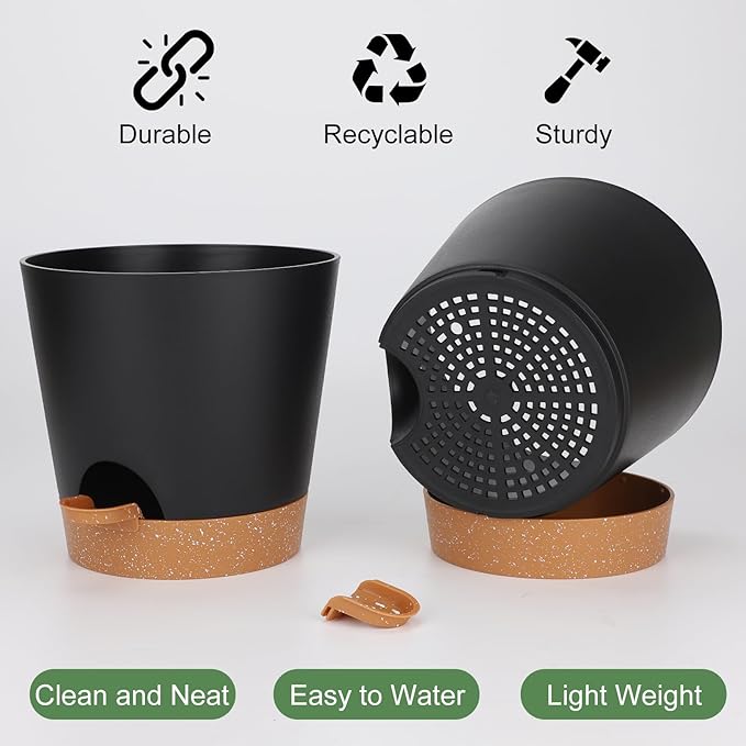 8-Inch Plant Pots, Self-Watering Planters with Drainage Holes & Saucers for Indoor and Outdoor Plants (2-Pack,Black)