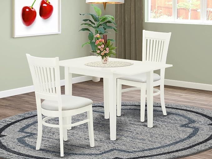 East West Furniture NDVA3-LWH-C 3 Piece Kitchen Table & Chairs Set Contains a Rectangle Dining Room Table with Dropleaf and 2 Linen Fabric Upholstered Chairs, 30x48 Inch, Linen White