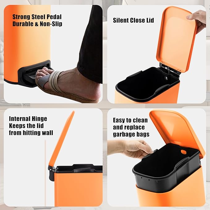 Cesun Small Bathroom Trash Can with Lid Soft Close, Step Pedal, 6 Liter / 1.6 Gallon Stainless Steel Garbage Can with Removable Inner Bucket, Anti-Fingerprint Finish (Matt Orange)