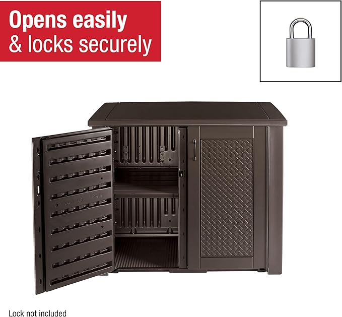 Rubbermaid Decorative Outdoor Storage Cabinet (123 Gal), Weather Resistant, Brown, Organization for Home/Backyard/Pool Chemicals/Toys/Garden Tools/Porch/Patio Cushions