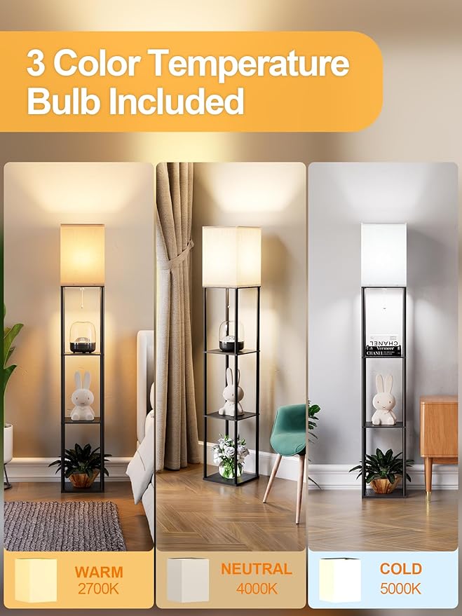 Floor Lamp with Shelves for Living Room, Shelf Floor Lamp with 3 CCT LED Bulb, Corner Display Standing Column Lamp Etagere Organizer Tower Nightstand with White Linen Shade for Bedroom, Office