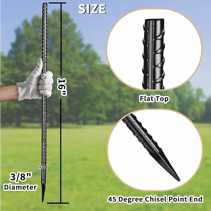 16 inches Rebar Stakes 18-Pack Heavy Duty Ground Stakes Rebar Spikes Garden Stakes Metal Steel Stake for Concrete and Timber Straight Black