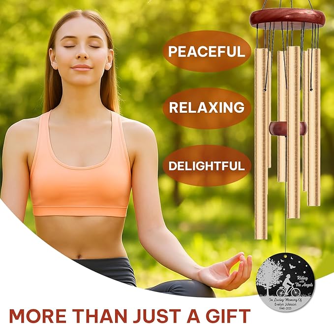Personalized Cyclist Memorial Wind Chime – “Riding with The Angels” Custom Name & Years – Sympathy Gift for Biker Families – Memorial Windchimes for Loss of Loved One – Garden Remembrance Décor