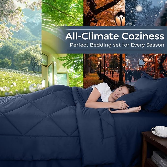 HEVUMYI Navy Blue Queen Comforter Set - 7-Piece All Season Bed in a Bag Queen, Ultra Soft Bedding Set with Comforter, Flat Sheet, Fitted Sheet, Pillowcases, Pillow Shams, Navy Blue