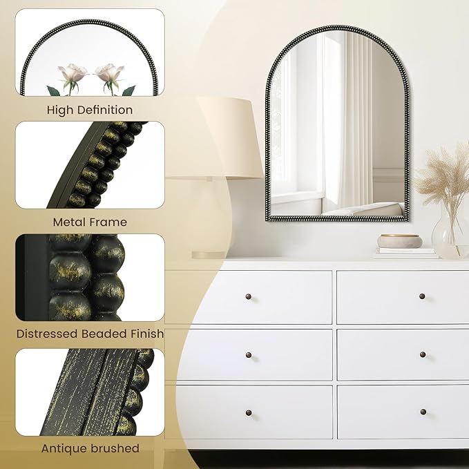 WallBeyond Black Vintage Mirror for Vanity 22x30 Inch, Gold Antique Mirror with Ornate Beaded Frame for Bathroom, Living Room, Fireplace, Entryway
