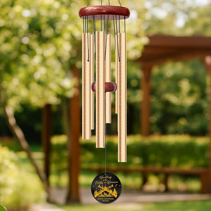 Personalized Hunting Memorial Wind Chime – “Hunting in The Fields of Heaven” Custom Name & Years – Outdoor Remembrance Gift for Hunters – Engraved Sympathy Windchime for Loss of Loved One