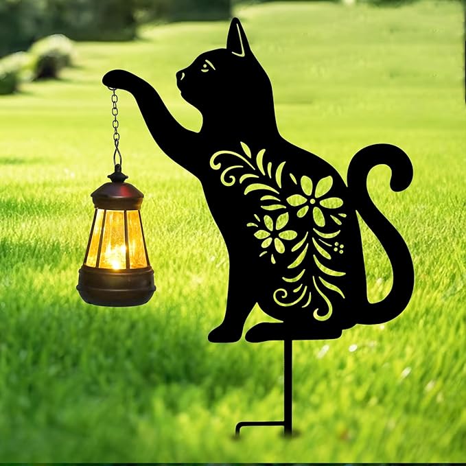 Afirst Solar Outdoor Garden Stake Solar Cat Decorative Stake Light with Lantern Decorative Lights Metal Outdoor Ornament for Yard Pathway Lawn Patio Decoration