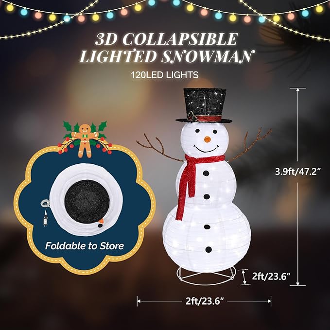 VINGLI Snowman Outdoor Christmas Decorations with 90 LED Lights, Lighted Snowman with Top Hat Holiday Ornaments Yard Decor for Home, Lawn and Front Yard-4 FT