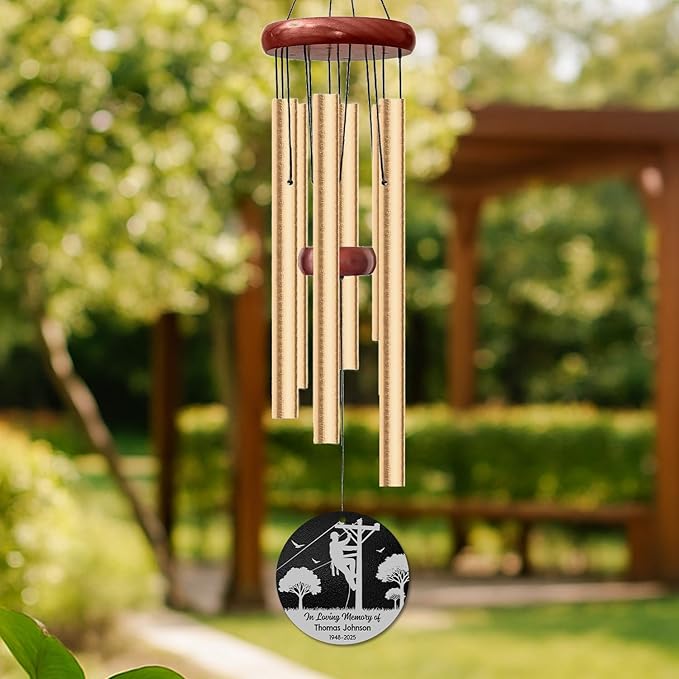 Personalized Lineman Memorial Wind Chime – “in Loving Memory of” Custom Name & Years – Sympathy Gift for Utility Worker Families – Memorial Windchimes for Loss of Loved One – Garden Remembrance Décor