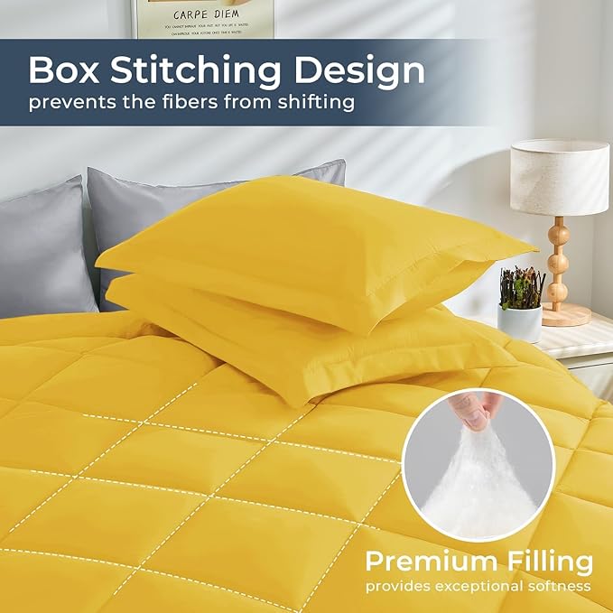 HEVUMYI Twin-XL Comforter Set - 5-Piece All Season Bed in a Bag Twin-XL, Ultra Soft Bedding Set with Comforter, Flat Sheet, Fitted Sheet, Pillowcases, Pillow Shams, Yellow & Light Grey