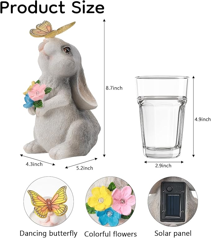 Solar Bunny Statues Light with Butterfly LED - Auto On/Off Weathproof Resin Garden Figurine Decor Gift for Pathway, Patio & Mom's Flower Bed (Warm Light)