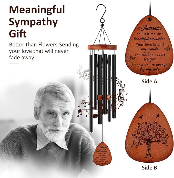 Memorial Gifts for Loss of Husband,Memorial Wind Chimes 25'', Loss of Husband Sympathy Gifts, Home Decor Outdoor Garden, Soothing Melodic Tones with Mute Option