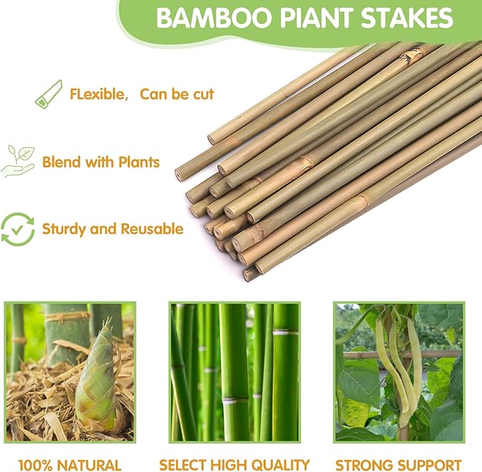 Plant Stakes,4FT Longer Sturdy Natural Bamboo Garden Stakes,GAGINANG 25Pcs Bamboo Sticks Trellis Support for Tomato, Vegetables Beans Trees Climbing Plants