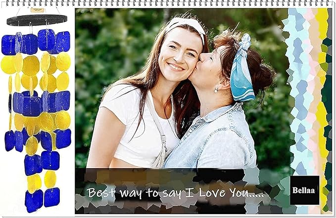 Bellaa 24889 Wind Chimes Outdoor, Garden Decorations, Musical, Indoor/Outside Windchimes, Beach, Ocean Breeze, Gifts for Mom, Gift for All Occasions, Capiz Sea Glass Shells Wood Yellow Blue
