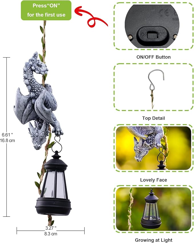 Solar Dragon Figurine Garden Statue: Outdoor Hanging Climbing Ornament with Lantern for Yard Art Lawn Balcony Patio Porch Decor- Birthday Gifts for Mom Women Father