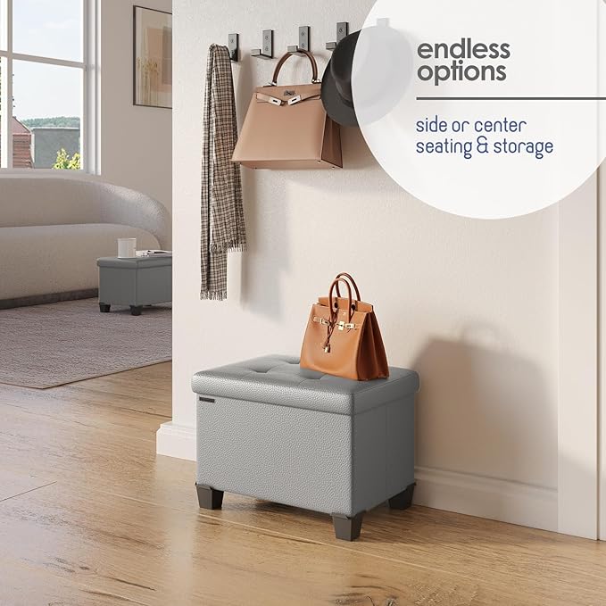 STORAGEBUD Storage Ottoman Cube with Small Bin, 16-in Square Ottoman with Storage for Living Room and Bedroom, Small Ottomans Foot Rest, Faux Leather Foot Stools Ottomans Max 330lbs, Light Grey
