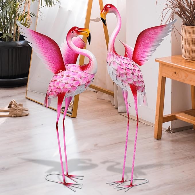 WONDER GARDEN Pink Flamingo Statue-Garden Statues for Outside - 2 Pack Flamingos Sculptures Statue, Metal Birds Yard Art for Pond, Patio, Outdoor, Porch Decor