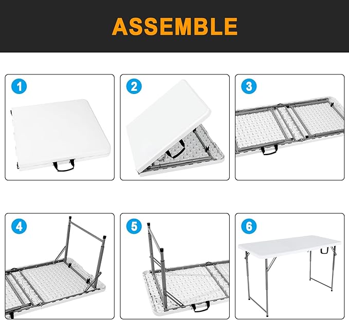 48" W x 24" D x 29.5" H - 4FT Adjustable Height Heavy Duty Plastic Fold-in-Half Foldable Table，White Portable Folding Table with Carrying Handle for Camping & Party