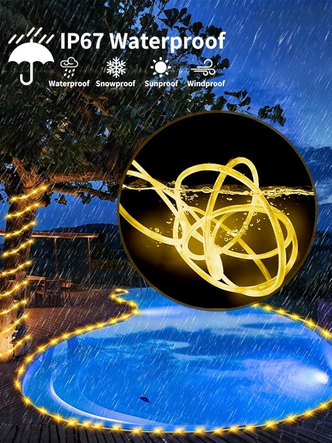 Larger Tube Solar Rope Lights 200LEDs Waterproof,Rechargeable Battery,Dual Charging,39FT Outdoor String Light,Remote-Control,for Pathway Patio Garden Palm Tree Christmas (Brighter - Warm White)