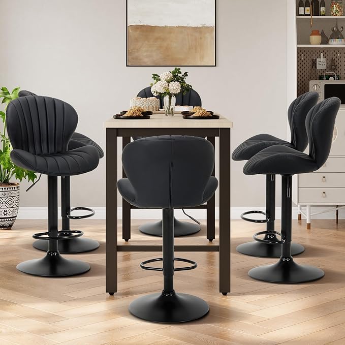 COLAMY Bar Stools Set of 1, Modern Swivel Bar Chairs, Adjustable Faux Leather Upholstered Barstools Counter Height with High Backrest for Bar, Kitchen Island, Dining Room, Black