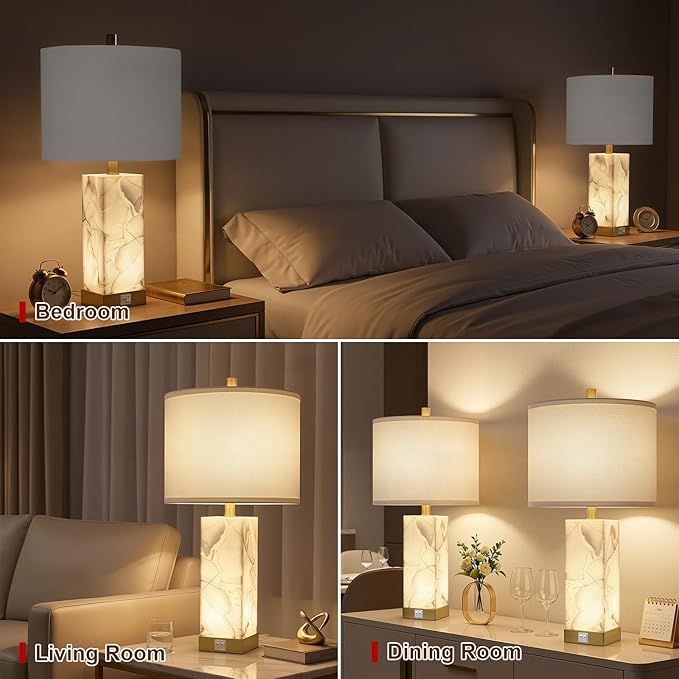 Scenekoy 23" Alabaster Table Lamps Set of 2 for Living Room Bedroom, Bedside Lamps with USB A+C Ports, Modern Table Lamp with Linen Shade for Living Room Bedroom Nightstand (Bulbs Included)