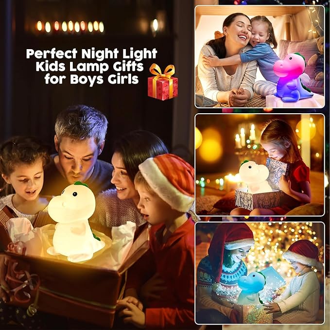 Kids Night Light Dinosaur Bedside Nursery Touch Lamp Dimmable with 7 Color Changing, Soft Squishy Silicone Cute Dino Night Lights Gifts for Kids Baby Room, Rechargeable for All-Night Use