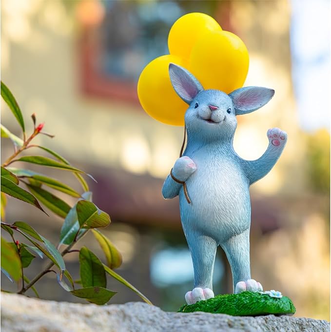 WHIMSYNOOK 11.8" Resin Rabbit with Balloon Solar LED Garden Statue Light, Ideal for Porch, Lawn, Yard, Housewarming, or Birthday Gifts for Mom, Family, and Bunny Lovers