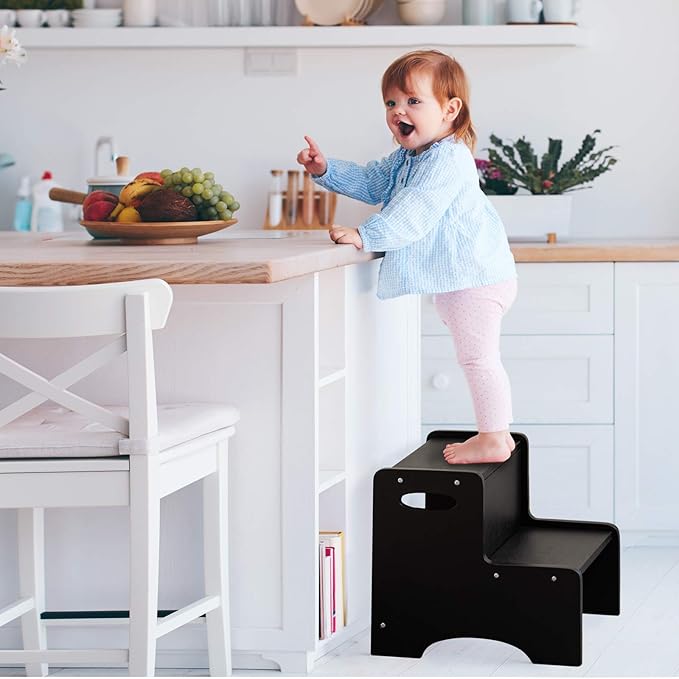 WOOD CITY Step Stool for Kids, Wooden Toddler Step Stool with Safety Non-Slip Mats and Handles for Kitchen, Bathroom Sink & Potty Training - Black