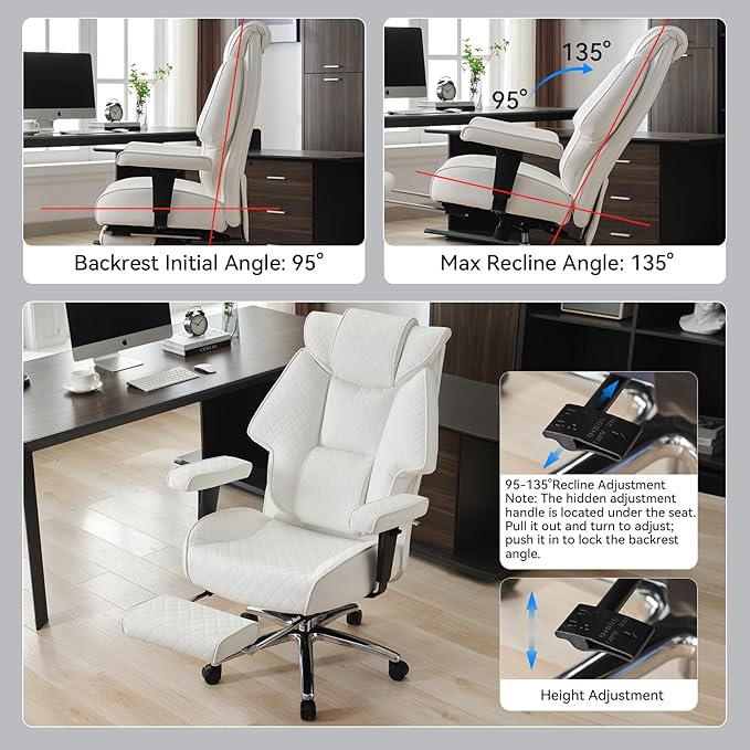 Big and Tall Office Chair with Footrest, PU Leather High Back Executive Office Chair 400lbs, Ergonomic Computer Chairs Lumbar Support for Heavy People (White)