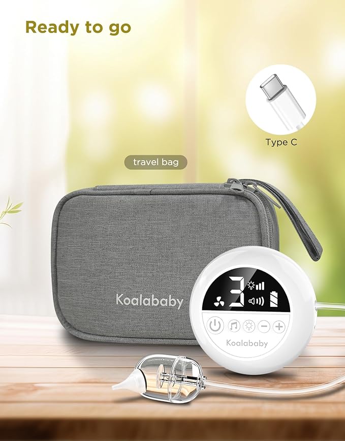 Koalababy Electric Nasal Aspirator for Baby – Hospital-Grade Nose Suction, 9 Suction Levels, Baby Nose Sucker, Nasal Cleaner, Night Light & Music, Soft Silicone Tips, Travel Bag