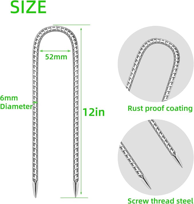 11 Pack Ground Garden Rebar Stakes Rebar 12 Inch Anti-Rust Galvanized Steel U Shape Hook Heavy Duty Ground Anchors for Tents, Position Kits,Fences, and Trampolines Landscape Fabric
