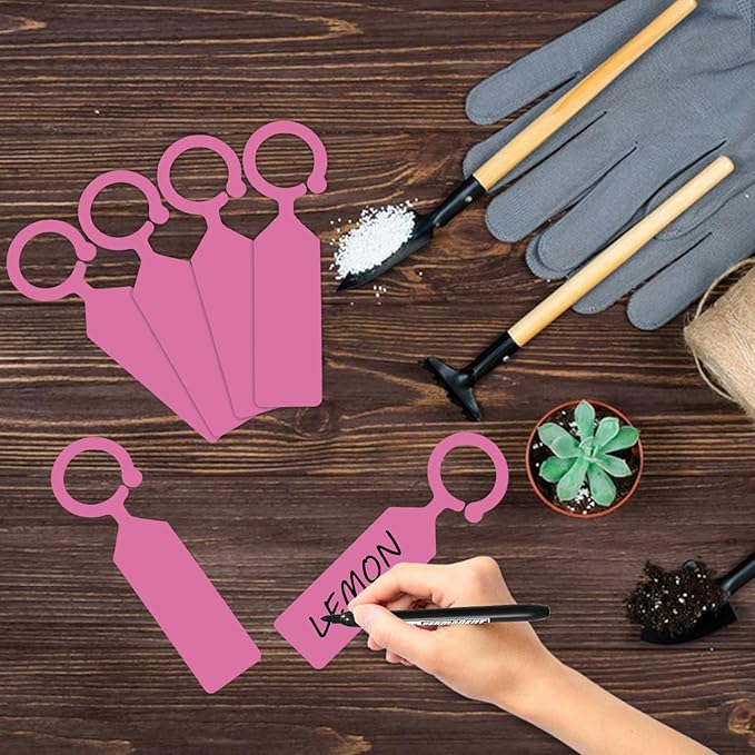 Plant Labels Yuanling 100Pcs Plastic Waterproof Plant Tree Tags Nursery Garden Markers for Indoor Outdoor Gardening Plants Vegetables Flowers Potted (Pink Color with 1 Marker Pen)