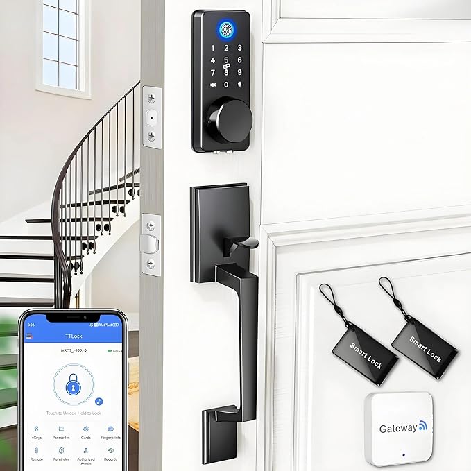 WiFi Smart Keyless Entry Door Lock Set w/Front Door Handle, 0.1s Fingerprint Biometric Unlock, Auto Lock, APP Remote/Passcodes/Cards Control, Keypad Deadbolt, Easy Install for Entry Bedroom