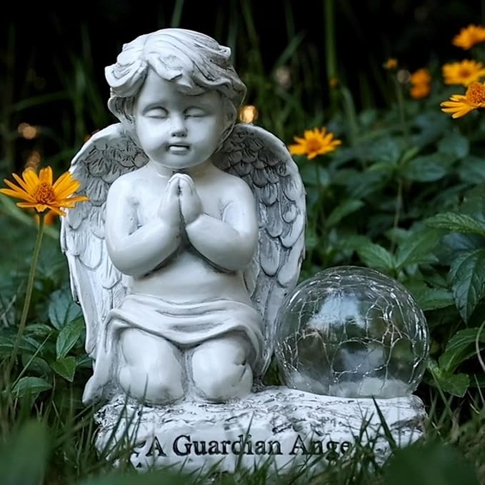 Angel Decor Praying Cherubs Statue, Garden Decor with Solar Crackle Glass Globe for Lawn Patio Decorations