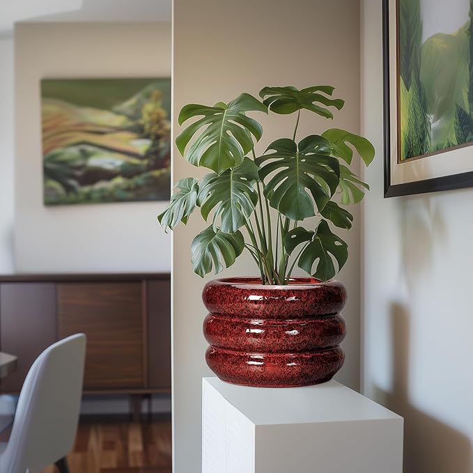 SQOWL 10 Inch Plant Pots - Ceramic Planter for Indoor Plants, Ceramic Plant Pot with Drainage Hole, Bubble Round Flower Pots Outdoor, Home Office Living Room Decor, Gifts for Plant Lover, Red