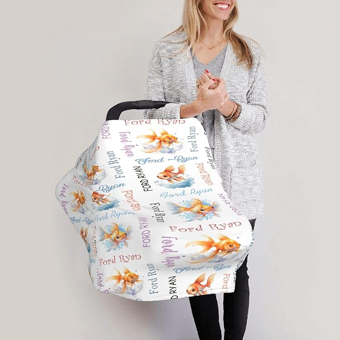 Personalized Baby Car Seat Cover with Name Stroller Canopy Custom Goldfish Carseat Cover Newborn Baby Boy Girl Nursing Cover for Moms First Birthday Gift
