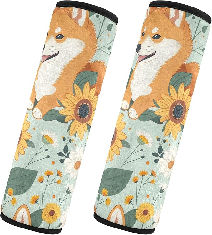 2Pcs Cute Dogs and Sunflowers Car Seat Belt Covers Cute Safety Belt Cushion Shoulder Pads Cushion for Adults Women Kids