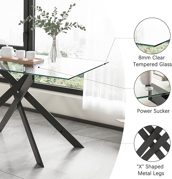 51" Rectangular Glass Dining Table Modern Kitchen Glass Top Table for 4 with Black Metal Legs, Clear Dining Table Kitchen Table for Home Office Dining Room