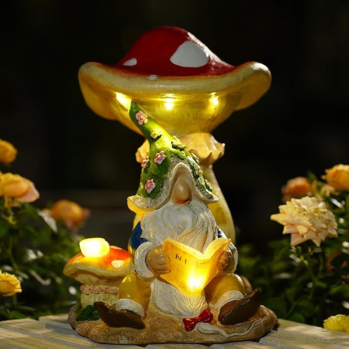 Solar Garden Outdoor Statues Gnome Reading Under Mushroom with 5 LED Solar Figurine for Lawn,Patio,Balcony,Yard Decor Unique Housewarming Gift for Grandfather, Father,Grandma,Wen