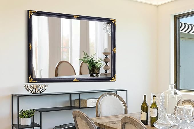 35" x 23" Large Antique Mirror, Black and Gold Modern Elegant Mirror with Victorian Wood Frame for Entryway Over Console, Bedroom, Dining Room