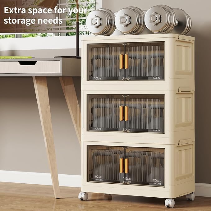 3 Tier Stackable Plastic Storage Bins with Lids 58QT, Collapsible Closet Organizers and Storage with Wheels for Living Room,Office,Dorm