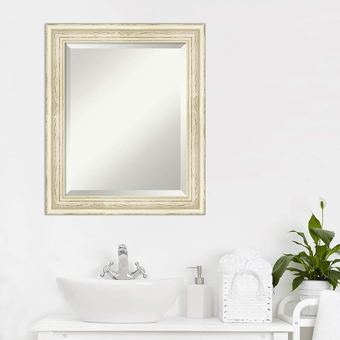Amanti Art White Bathroom Mirror for Over Sink, 25x21 Country White Wash Rectangle Vanity Mirror, Small Rustic Farmhouse Wood Frame, Hangs Horizonally and Vertically, Bathroom Wall Decor, Beveled Edge
