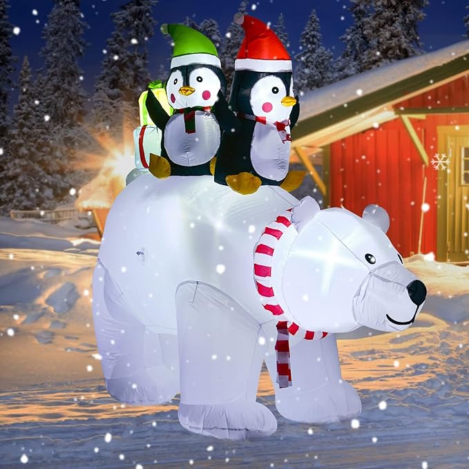 Lvydec Lighted Inflatable Polar Bear Christmas Outdoor Decoration Clearance - 7ft Blow Up Polar Bear with Santa Penguin and Built-in LED Lights for Christmas Holiday Yard Decoration