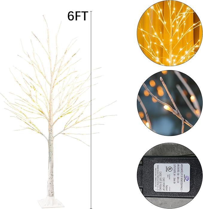 TW SHINE 144 LED Lighted Birch Tree, 6 FT Pre-lit Artificial Christmas Trees for Thanksgiving Christmas Decorations Indoor Home Bedroom Outdoor Festival Wedding Party, Warm White