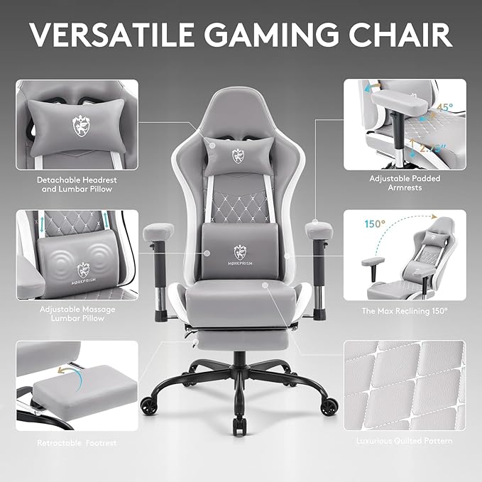 Gaming Chair,Computer Office Chair with Footrest,Massage Lumbar Support and Gel Pad,Ergonomic Reclining Leather Gamer Chair with Headrest,Adjustable Armrests and Spring Cushion Grey White