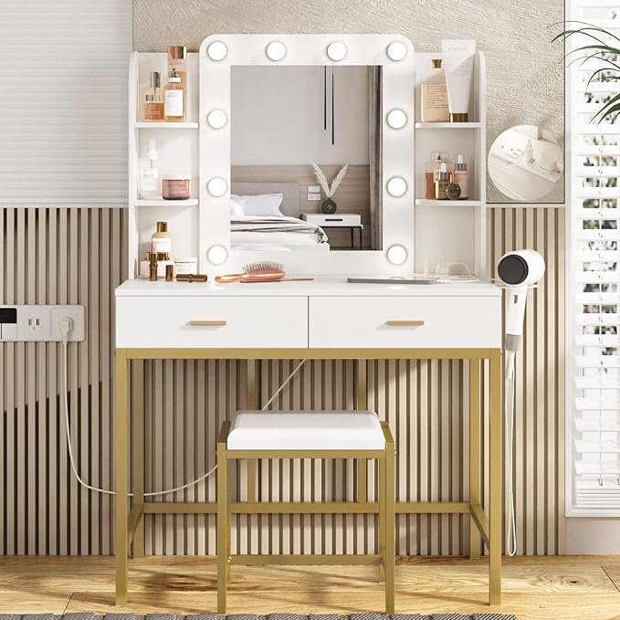 Vabches Vanity Desk with Mirror and Lights, with Charging Station,Makeup Vanity Table Set with Lighted Mirror, with 3 Lighting Modes and 2 Drawers&Cushioned Stool for Bedroom