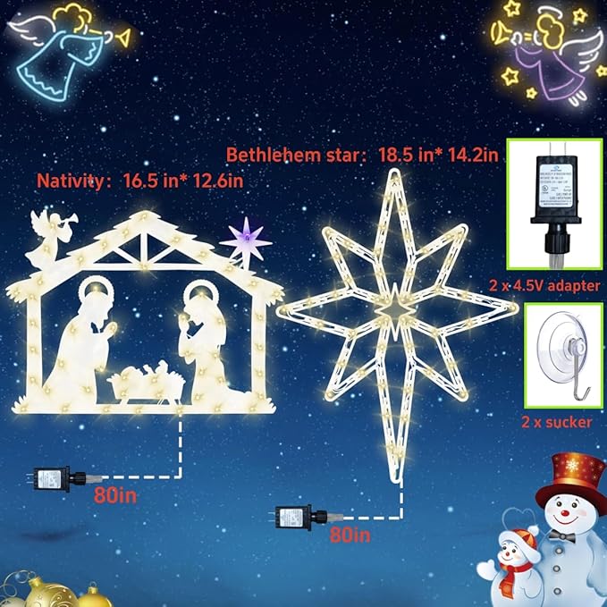 Christmas Decorations 17" Christmas Window Silhouette Lights - 2 Pack Nativity Scene with Lights ＆ Lighted Bethlehem Star for Holiday Indoor and Outdoor Wall Door Window Decorate