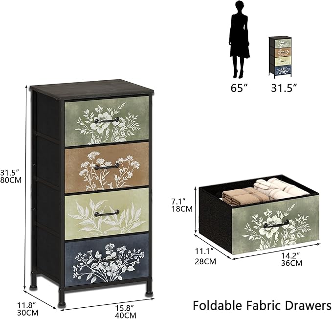 Tohomeor Vintage Dresser Vertical Nightstand with Neutral Botanical Plant Fabric Chest Drawers for Closet Bathroom Storage Tower Unit Bed Side Organizer Farmhouse Rustic (Multi, 4 Drawers)