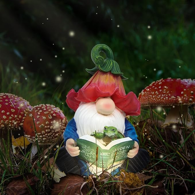 Garden Gnome Statue-Resin Gnome Figurine Hugging Turtle Reading Book with Solar LED Lights，Outdoor Summer Decorations for Patio Yard Lawn Porch,Garden Ornament Gift