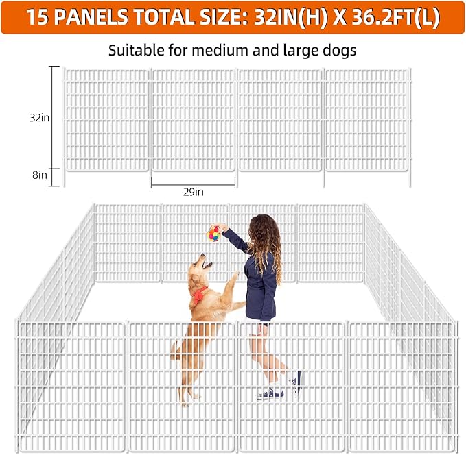 15 Panels No Dig Fence with Gate, 32 in(H) X 36 ft(L) Garden Decorative Fence Animal Barrier for Dogs, Rustproof Metal Garden Edging Border for Outdoor, Yard, Patio, Black, White